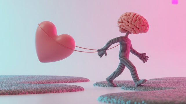 3D character with a brain for a head pulling a large heart across gaps, representing mind and emotion