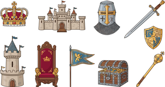Medieval kingdom elements set including royal crown castle tower sword shield throne and treasure chest vector illustration