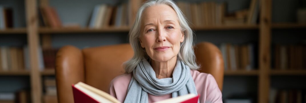 Portrait senior woman reading a red book in an armchair library for background and poster design emphasizing calm mature reader wellbeing and educational lifestyle