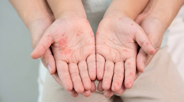 Red Rash on Child&rsquo;s Palms, Skin Irritation, Pediatric Dermatology and Childhood Illness Symptom Concept