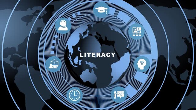 Digital literacy concept animation featuring rotating globe with educational and global connectivity for modern e-learning platforms, academic presentations, and corporate training solutions