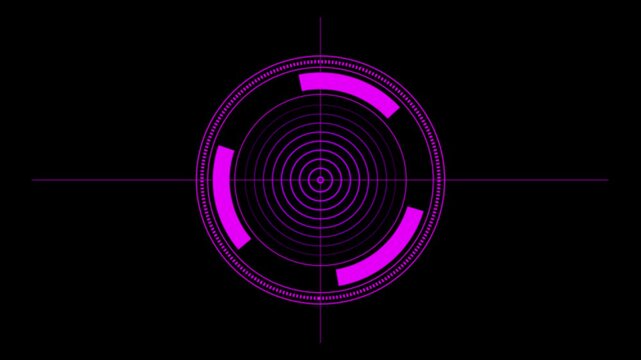 Abstract pink neon circular hud interface animation motion graphic featuring a pulsating in bright style against a black background circle glowing futuristic technology motion
