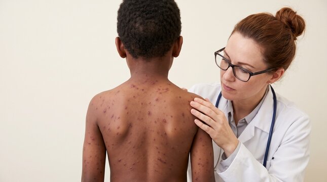 Infectious Disease: Doctor examines chickenpox rash covering Black child's back