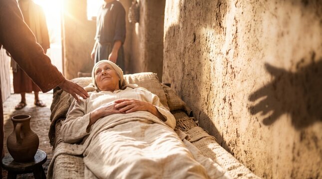 Jesus healing Simon mother-in-law in a dimly lit home. Historical scene depicting the biblical miracle of restoring health. Spiritual narrative of mercy, compassion and divine power.