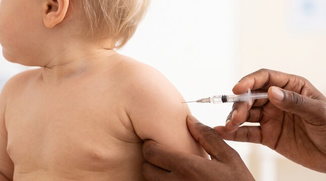 Pediatrics: Baby receives routine vaccination injection in upper arm during preventive care