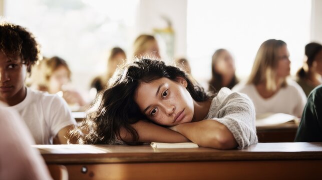 Students listen to a lesson in a classroom while one student shows signs of boredom during the school day