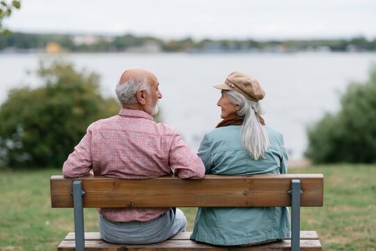 Elderly couple on a lakeside bench rear view facing the water for serene background, wallpaper and peaceful lifestyle design