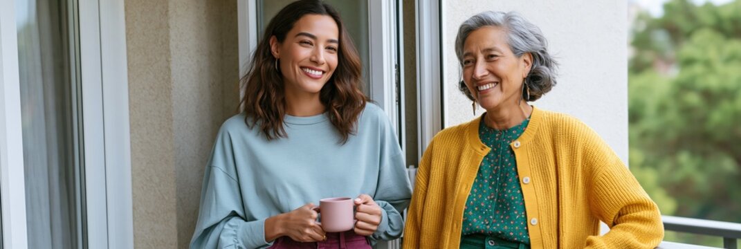 Mother and adult daughter standing on a balcony holding mugs and smiling for cozy lifestyle background and family wellbeing design