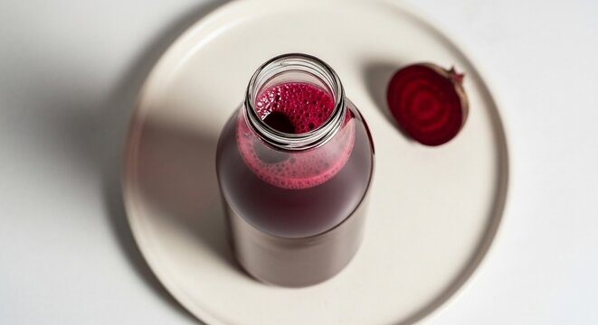 Fresh beetroot juice in a glass bottle on a plate for healthy nutrition