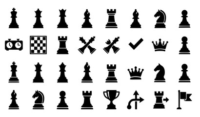 Chess Piece Silhouette Icons Set King Queen Knight Vector Collection on White Background © Feroz