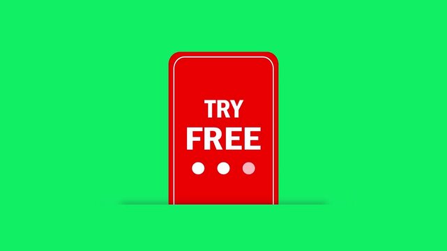 try free button animation with green screen key keying background for app marketing. animated red smartphone trial offer badge try free cta button isolated on green screen.
