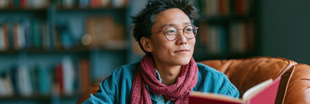 Person reading a book in a library with glasses and scarf for cozy study background and educational banner design