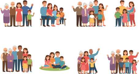 Fototapeta premium Happy diverse big family characters set including grandparents parents and children together flat design vector illustration