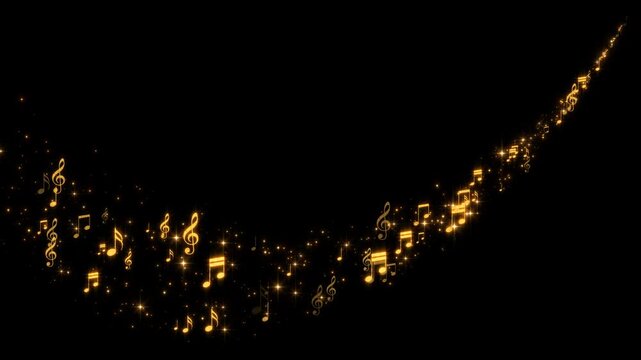 golden music note and shiny glittering gold stars isolated alpha channel animation, musical concert and party social media and story overlay motion design element