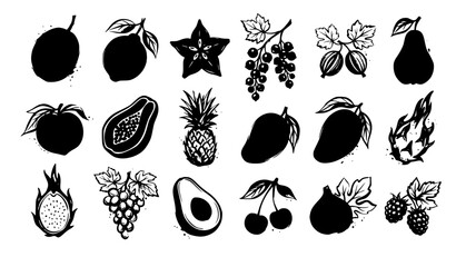 Hand drawn brush stroke fruit and berry doodles vector kit with 16 expressive black ink organic food graphics © MstShalina