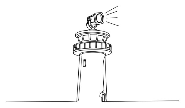 Coastal lighthouse with a bright searchlight and beacon rays in minimalist continuous line art style