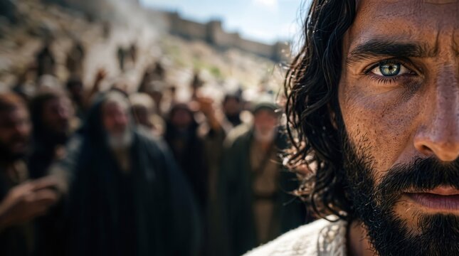 Jesus looking at a crowd of people in ancient Israel. Close up of man face with intense gaze. Bible scene depicting the ministry, teachings, and spiritual journey of the Messiah.