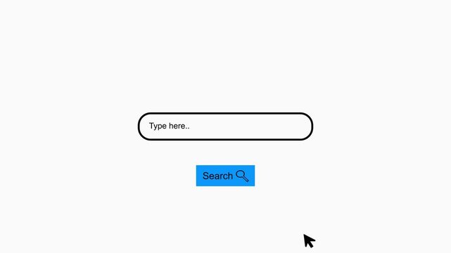 Minimal search input field with typing and search button animation.Animation of a minimalist search bar with a blinking cursor and magnifying glass icon for web navigation.