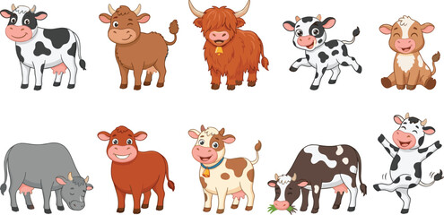 Fototapeta premium Cute cartoon cow characters set including funny calves and highland bulls farm animal vector clip art illustration