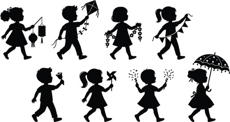 Set of happy children playing with toys and accessories in a black and white silhouette
