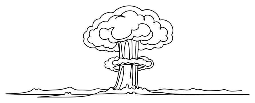 Nuclear explosion mushroom cloud rising over flat horizon in minimalist continuous line art style