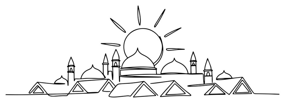 Islamic city skyline with mosque domes and minarets under the sun in minimalist continuous line art style
