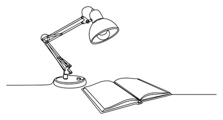 Obraz premium Desk lamp illuminating open book in continuous one line art style