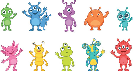 Obraz premium Cute cartoon alien monster character asset pack collection featuring friendly colorful space creatures waving flat vector.