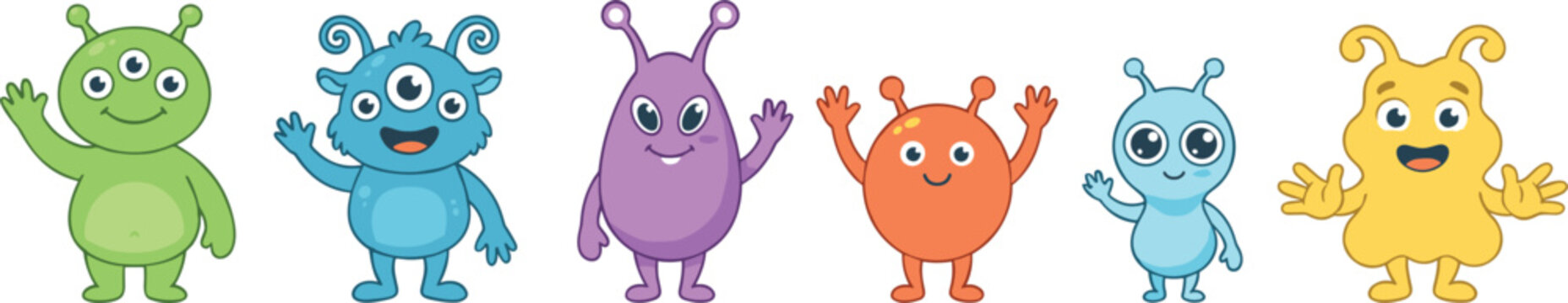 Cute cartoon alien monster creature row collection set featuring colorful friendly extraterrestrial space characters waving vector.