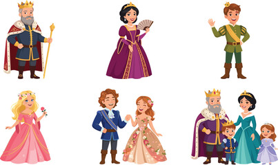 Cute cartoon royal family character set with medieval king queen handsome prince beautiful princess wedding couple vector.