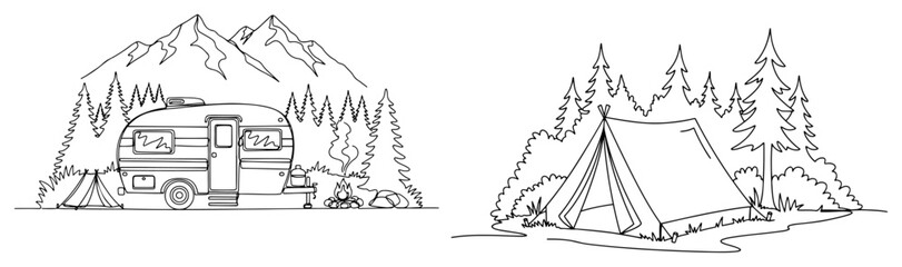 Camping scenes with caravan and tent in mountain landscape continuous line art style © InsomniaVideo