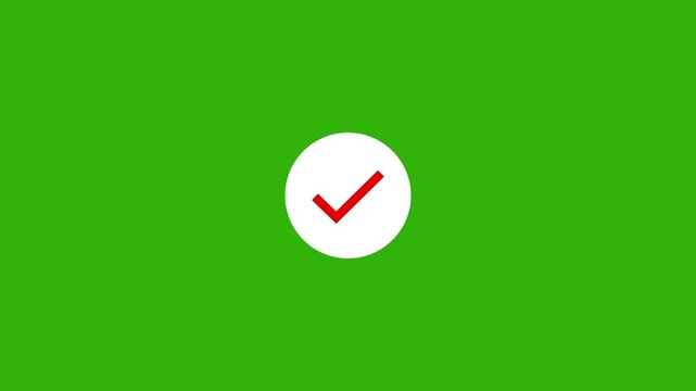 Animated red checkmark inside a white circle on a vibrant green screen background, user interface task completion notifications, success confirmation, and digital feedback
