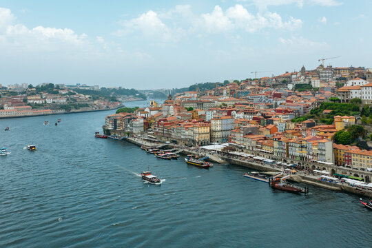 Panoramic View of Porto Ribeira Waterfront Along the Douro River Portugal