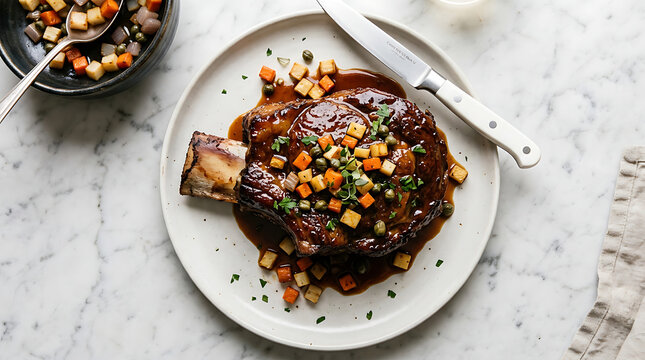 Braised beef short rib served with savory root vegetable mirepoix and rich dark glaze on ceramic plate culinary restaurant vegetables gastronomy appetizing