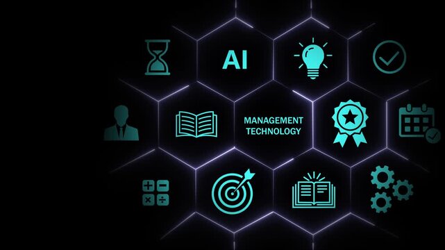 Digital management technology infographic with glowing hexagonal network nodes, artificial intelligence ai business strategy symbols, and corporate workflow optimization on a dark background