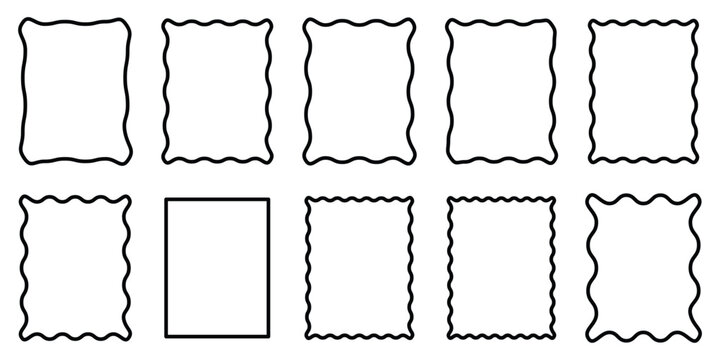 hand drawn wavy frames and abstract borders. Retro wavy picture border set with hand drawn crayon frames, funky scallop edge rectangles and oval shapes, playful groovy photo frame collection, 