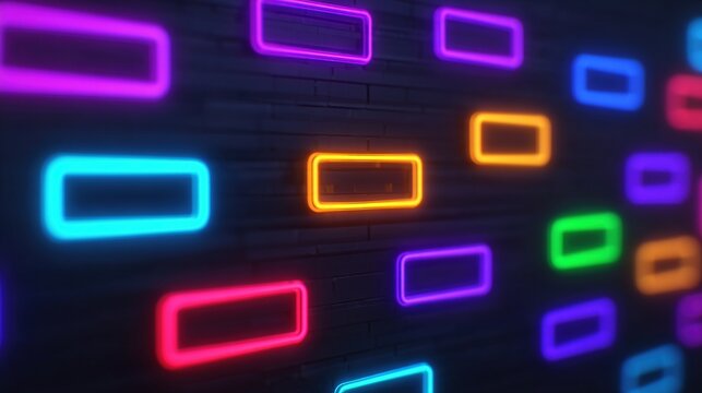 Colorful neon rectangles glowing in various vibrant hues against a dark brick wall background, creating a modern, futuristic visual effect.