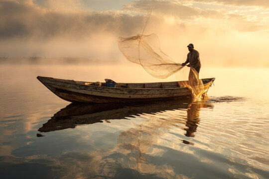 A fisherman casts a net from a wooden boat into the sea.