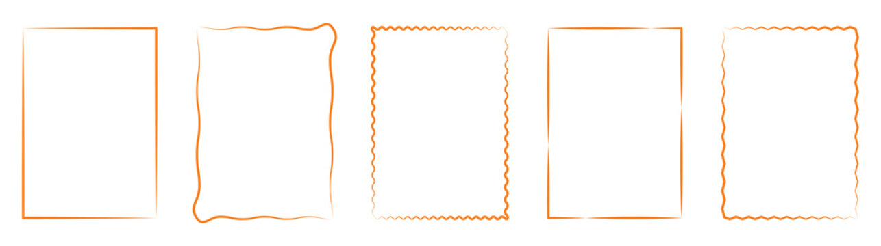 Minimalist Orange Wavy Line Frames Set - Decorative Scalloped Edge Borders and Squiggle Frames for Creative Branding and Graphic Design Vector Illustration. doodle hand drawn borders set. 