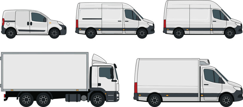 Blank white commercial vehicle mockup vector set containing delivery cargo vans refrigerated transport and freight box truck.
