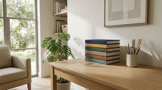 Stack of colorful hardcover books on a minimalist wooden desk in a bright home office study room, vibrant monstera plant and natural sunlight with soft shadows, cozy interior design.