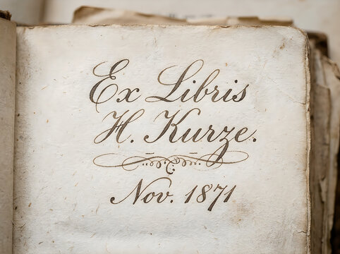 Ex Libris inscription in an antique book. Vintage handwritten ownership mark on paper.
