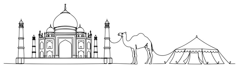 Taj Mahal landscape with camel and desert tent in minimalist continuous line art style © InsomniaVideo