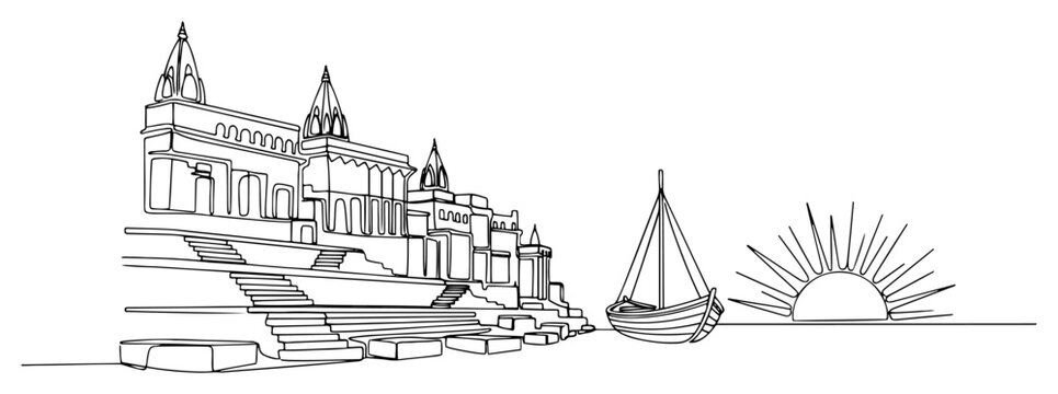 Indian temple on river bank with wooden boat and rising sun in single line drawing style