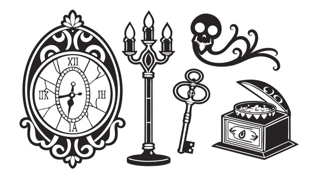 Intricate Vector Collection of Mysterious Vintage Objects Ornate Clock, Gothic Candelabra, Skeleton Key, and Hidden Treasure Box