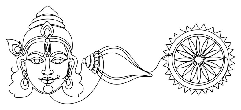 Lord Krishna head with conch shell and chakra wheel in continuous line art style