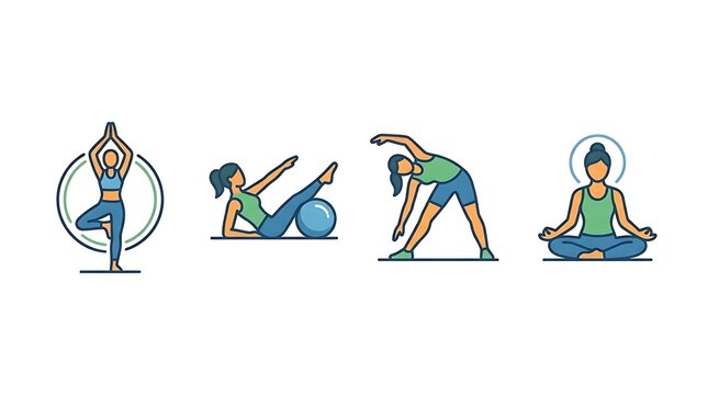 Flat style illustrations of women practicing yoga poses.