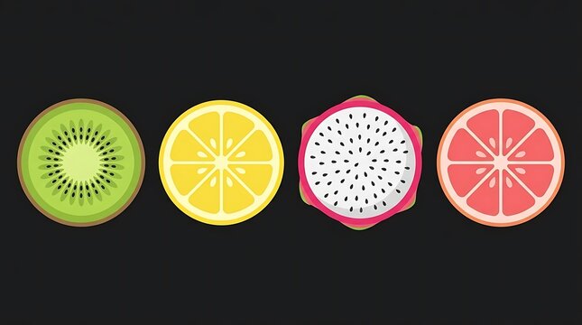 Flat vector fruit icons kiwi lemon dragonfruit grapefruit slices