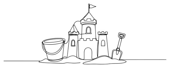 Sandcastle with bucket and shovel on the beach in minimalist continuous line art style © InsomniaVideo