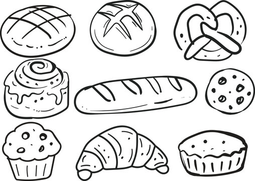 Bakery Products hand drawn clean illustration with Bread, Pastry Cakes, Donuts, Croissants, and Sweet Dessert Collection Vector Illustration